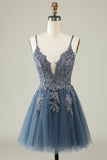 A Line Spaghetti Straps Dark Green Short Ballkjole Dress med Appliques