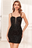 Bodycon Spaghetti stropper Svart paljetter Kort Homecoming kjole med Criss Cross Back
