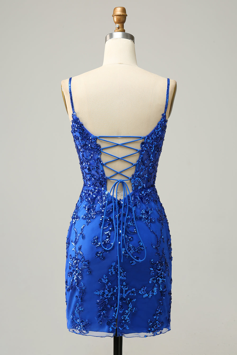 Slire Spaghetti stropper Svart paljetter Kort hjemkomstkjole med Criss Cross Back