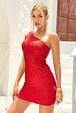 Bodycon One Shoulder Red Kort Homecoming kjole med perler