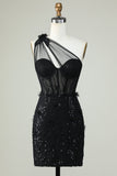 Bodycon One Shoulder Black Corset Homecoming kjole med Appliques