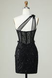 Bodycon One Shoulder Black Corset Homecoming kjole med Appliques