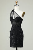 Bodycon One Shoulder Black Corset Homecoming kjole med Appliques