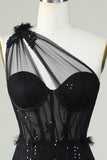 Bodycon One Shoulder Black Corset Homecoming kjole med Appliques