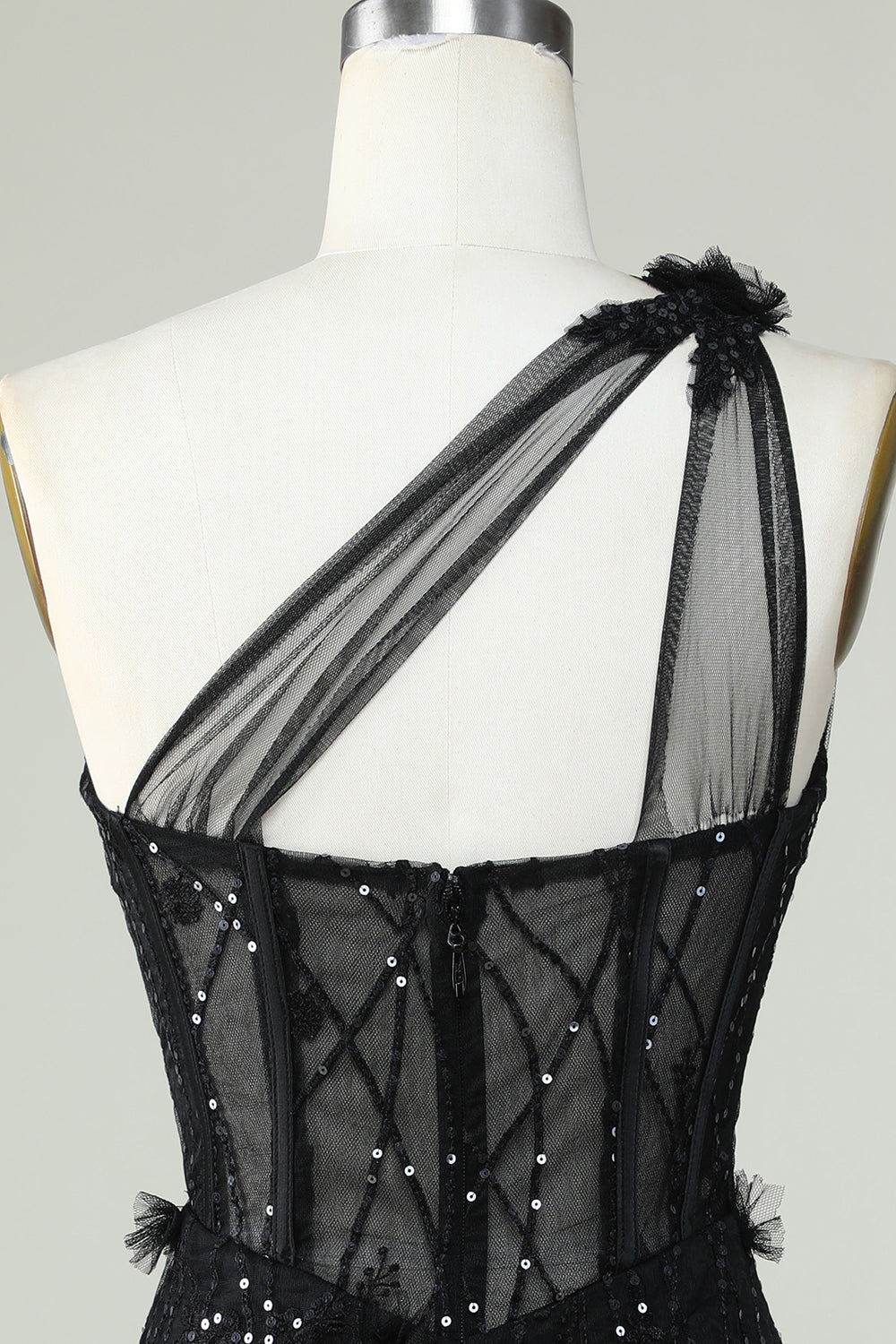 Bodycon One Shoulder Black Corset Homecoming kjole med Appliques