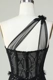 Bodycon One Shoulder Black Corset Homecoming kjole med Appliques