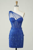 Unik kappe en skulder Royal Blue Kort Homecoming kjole med applikasjoner