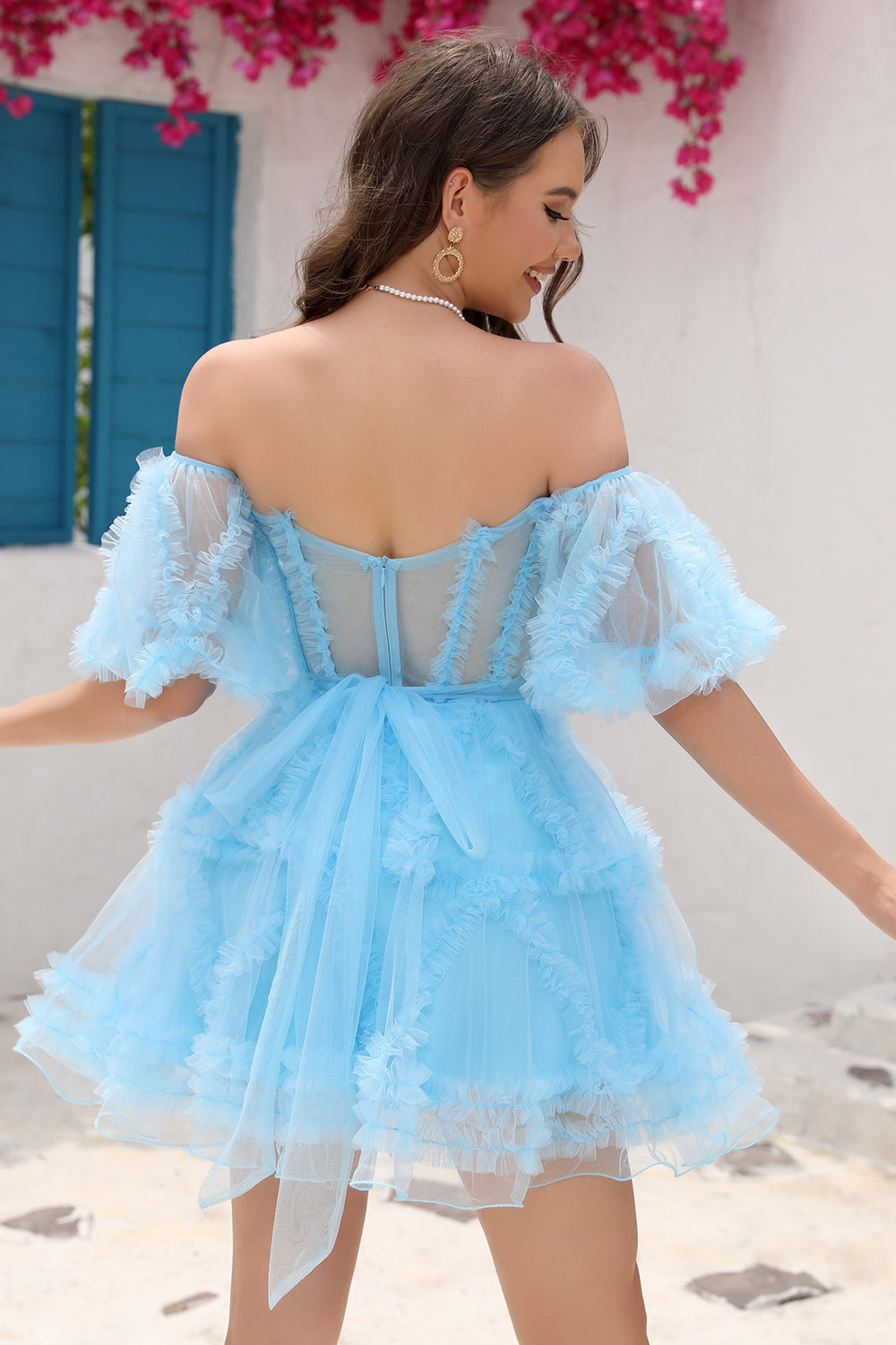 Stilig en linje av skulderen Fuchsia Corset Homecoming kjole med ermer