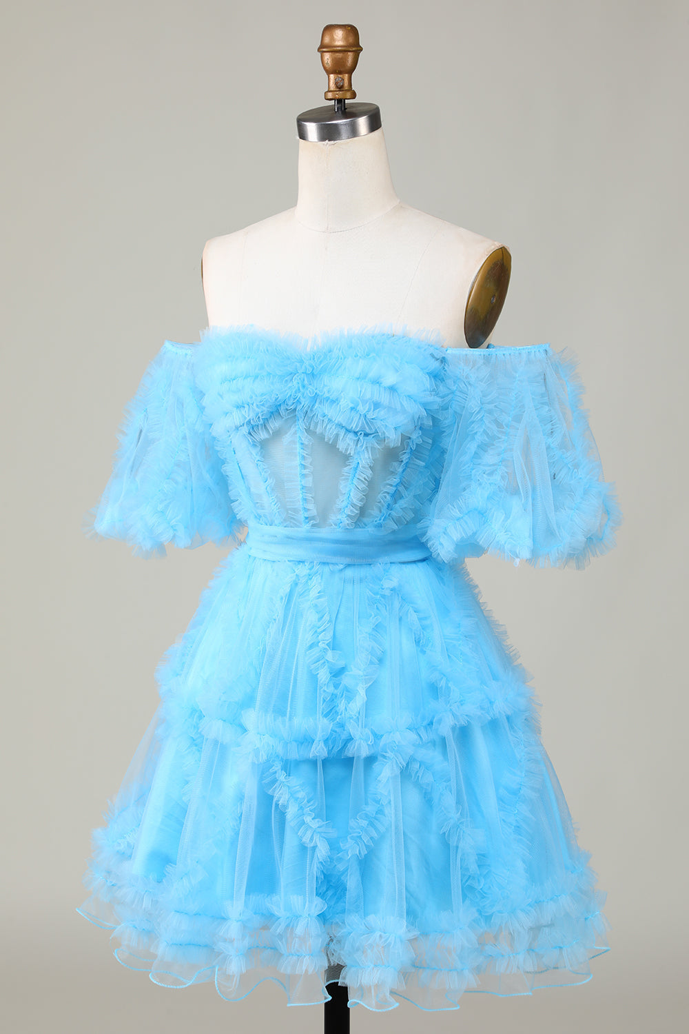 Søt en linje Blush Tulle Off The Shoulder Short Homecoming Dress