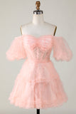 Søt en linje Blush Tulle Off The Shoulder Short Homecoming Dress