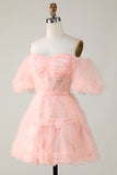 Søt en linje Blush Tulle Off The Shoulder Short Homecoming Dress