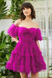 Stilig en linje av skulderen Fuchsia Corset Homecoming kjole med ermer