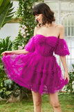 Stilig en linje av skulderen Fuchsia Corset Homecoming kjole med ermer