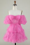 Stilig en linje av skulderen Fuchsia Corset Homecoming kjole med ermer
