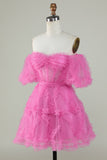 Stilig en linje av skulderen Fuchsia Corset Homecoming kjole med ermer