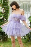 Søt en linje Blush Tulle Off The Shoulder Short Homecoming Dress