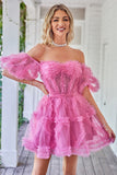 Søt en linje Blush Tulle Off The Shoulder Short Homecoming Dress