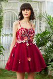 Burgund A Line Spaghetti stropper Homecoming kjole med 3D blomster