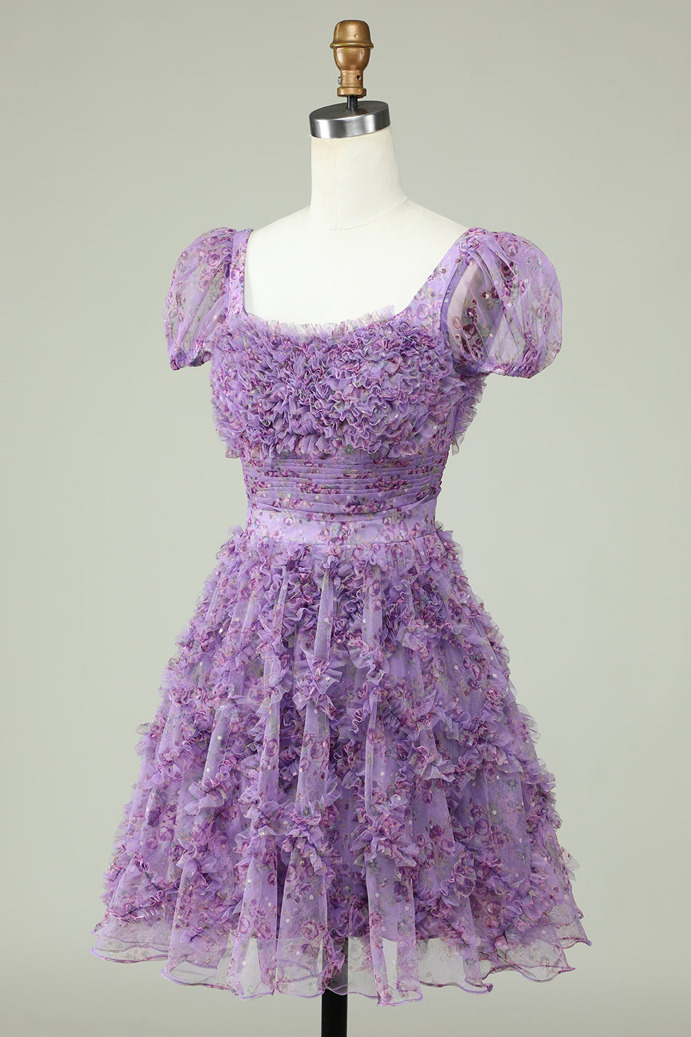 Floral A Line Purple Homecoming Dress med Ruffles