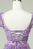 Floral A Line Purple Homecoming Dress med Ruffles