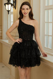Stilig A Line One Shoulder Black Kort Homecoming kjole med applikasjoner