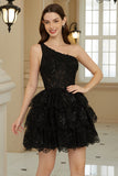 Stilig A Line One Shoulder Black Kort Homecoming kjole med applikasjoner