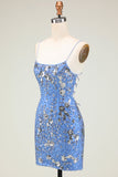 Sparkly Sheath Spaghetti Stropper Grå Blå paljetter Kort Homecoming Kjole med Criss Cross Back