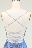 Sparkly Sheath Spaghetti Stropper Grå Blå paljetter Kort Homecoming Kjole med Criss Cross Back