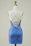 Spaghetti stropper Blå Tight Glitter Homecoming Dress med Beaded