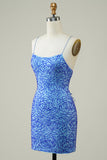 Spaghetti stropper Blå Tight Glitter Homecoming Dress med Beaded