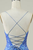 Spaghetti stropper Blå Tight Glitter Homecoming Dress med Beaded