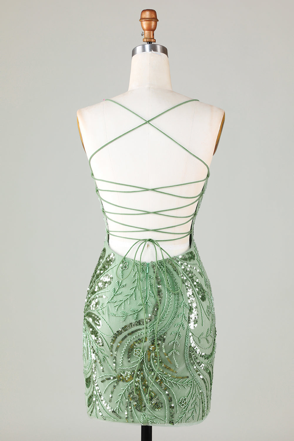 Sparkly Sheath Spaghetti stropper Grønn Kort Homecoming kjole med Criss Cross Back