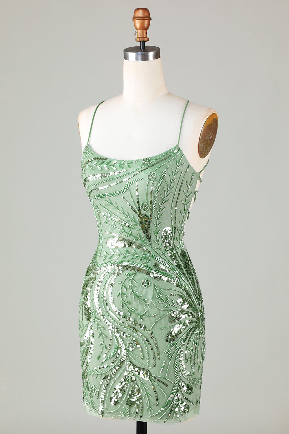 Sparkly Sheath Spaghetti stropper Grønn Kort Homecoming kjole med Criss Cross Back
