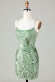 Sparkly Sheath Spaghetti stropper Grønn Kort Homecoming kjole med Criss Cross Back