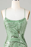 Sparkly Sheath Spaghetti stropper Grønn Kort Homecoming kjole med Criss Cross Back