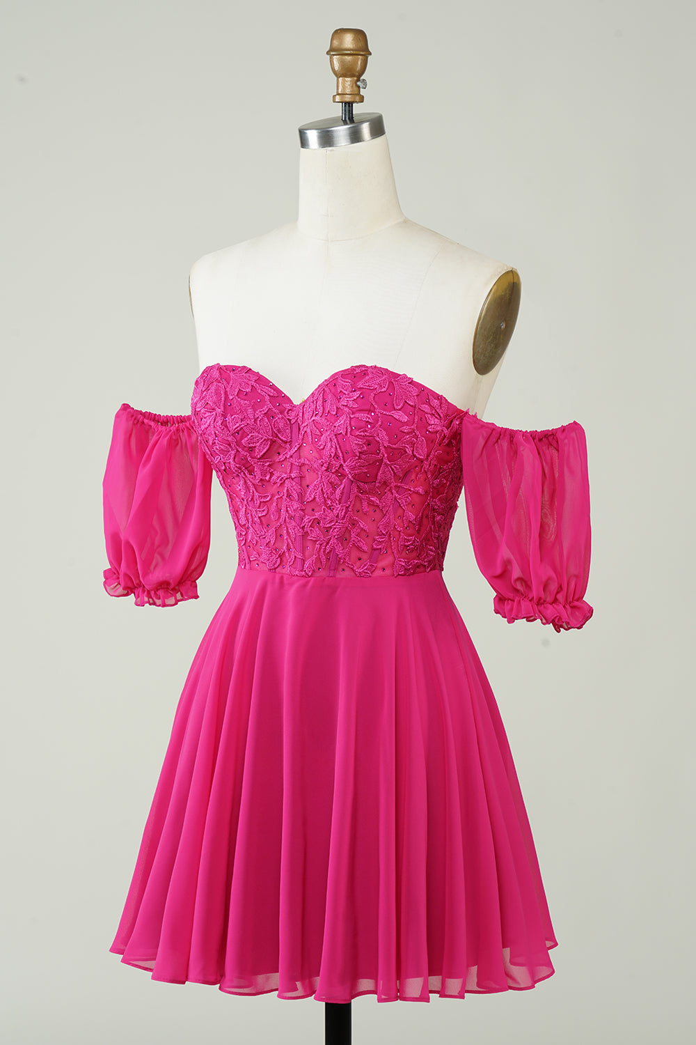Fuchsia korsett A-Line Chiffon Kort Homecoming kjole med blonder