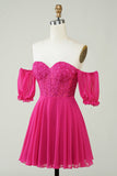 Fuchsia korsett A-Line Chiffon Kort Homecoming kjole med blonder