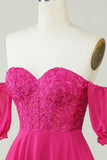 Fuchsia korsett A-Line Chiffon Kort Homecoming kjole med blonder