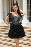 Sparkly Black Beaded Corset A-Line Kort Homecoming kjole med fjær