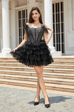 Sparkly Black Beaded Corset A-Line Kort Homecoming kjole med fjær