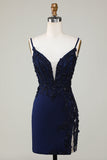 Sparkly Navy korsett Tight Short Homecoming kjole med blonder