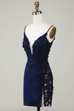 Sparkly Navy korsett Tight Short Homecoming kjole med blonder