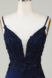 Sparkly Navy korsett Tight Short Homecoming kjole med blonder