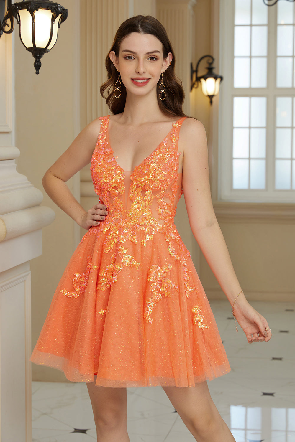 Orange A Line Glitter Homecoming kjole med paljetter