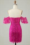 Fuchsia av skulderen Bodycon appliques Homecoming kjole
