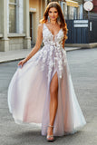 Grå rosa A Line Deep V Neck Long Prom Kjole med Appliques