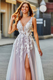 Grå rosa A Line Deep V Neck Long Prom Kjole med Appliques