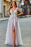 Grå rosa A Line Deep V Neck Long Prom Kjole med Appliques