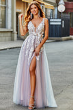 Grå rosa A Line Deep V Neck Long Prom Kjole med Appliques