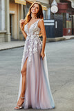 Grå rosa A Line Deep V Neck Long Prom Kjole med Appliques
